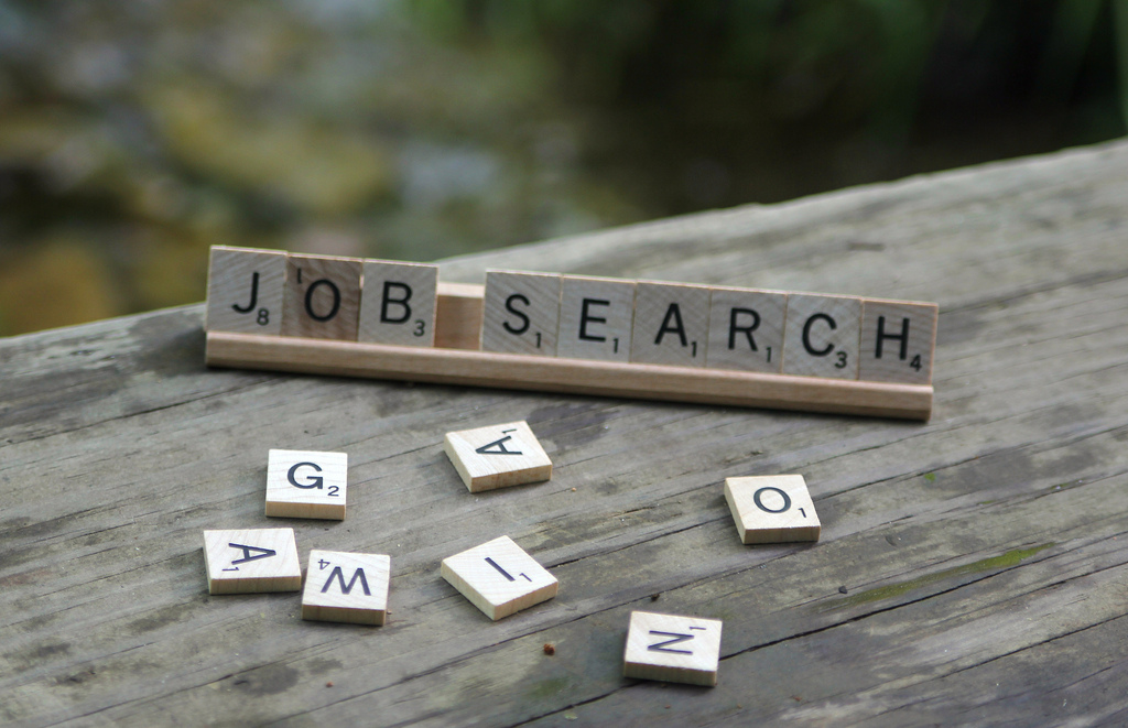 scrabble letters that spell "job search"